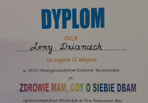 Dyplom za zajęcie II miejsca w konkursie recytatorskim